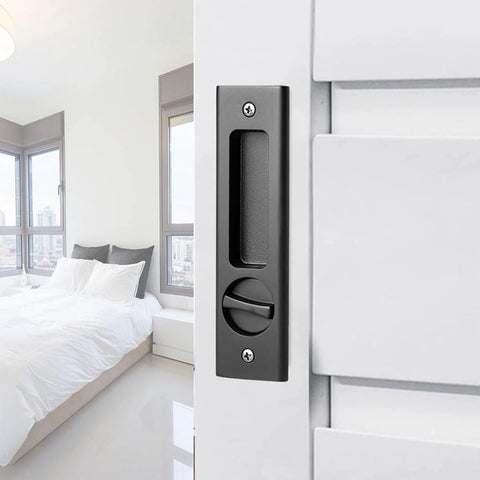 6.3 Inch Privacy Pocket Door Lock Hardware For Double Barn Doors Keyless Mortise Lock Sliding Door System In Black Durable Zinc Alloy Handle Brass Cylinder Silent Operation Anti Rust Finish.