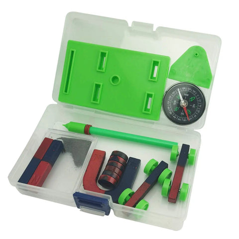 Open kit showing Junior Science Magnet Set For Hands On STEM Experiments With Bar Ring Horseshoe Compass Magnets And Accessories