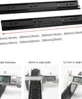Heavy Duty Drawer Slides 10 To 22 Inch Ball Bearing Full Extension 3 Section Rails 1 Pair Metal Side Mount Drawer Rails For Cabinet Nightstand Office Drawers Smooth Quiet Operation And 100Lb Capacity with measurements showing dimensions and thickness.