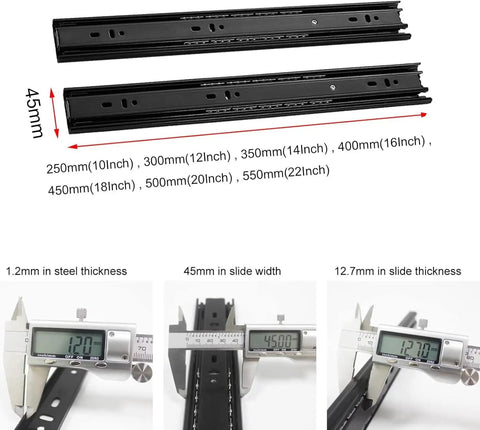 Heavy Duty Drawer Slides 10 To 22 Inch Ball Bearing Full Extension 3 Section Rails 1 Pair Metal Side Mount Drawer Rails For Cabinet Nightstand Office Drawers Smooth Quiet Operation And 100Lb Capacity with measurements showing dimensions and thickness.