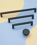 Dope Three Size Cabinet Pulls Set In Brushed Nickel Black And Matte Gold Finish Sleek Drawer Handles On Blue And Yellow Background