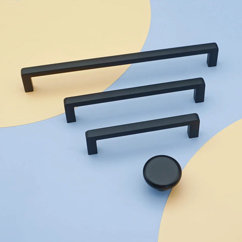 Dope Three Size Cabinet Pulls Set In Brushed Nickel Black And Matte Gold Finish Sleek Drawer Handles On Blue And Yellow Background