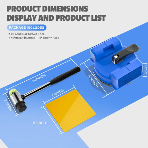 Dimensions and components of the Dual-Side Floor Gap Fixer Tool Set With Vacuum Suction And Grip Pads, Pro Grade 2-Piece Repair Kit for floors.