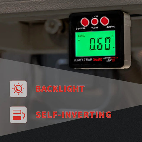 Digital Angle Finder Magnetic With Case And Backlit LCD For Table Saw Woodworking And Construction IP54 Rating Precision To 0.2 Degree Absolute showing 0.60° on screen