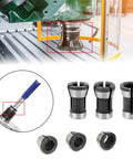 Top Shelf Six Piece Router Collet Adapter Kit For Woodworking Trimmers And Engraving Machines Featuring Slick Split Bushing Upgrades showing collets and split bushings.