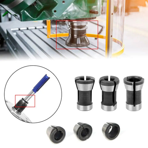 Top Shelf Six Piece Router Collet Adapter Kit For Woodworking Trimmers And Engraving Machines Featuring Slick Split Bushing Upgrades showing collets and split bushings.