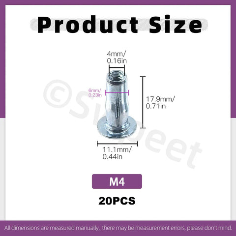 Twenty Piece M4 Metric Carbon Steel Rivet Nuts Kit With White Zinc Plating product size dimensions