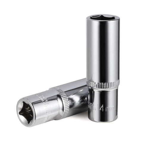Two chrome sockets from a 4-Piece 14Mm Socket Set With 3/8 Inch Drive, 6-Point Deep And Shallow Sockets, Rust-Resistant Build