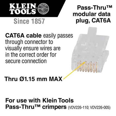 Modular Data Plug For CAT6A And Thicker CAT6 Cables, transparent connector with pass-thru feature, 8-position, side view