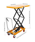 Amazon 770 lbs hydraulic scissor lift table cart with yellow tabletop, black scissor frame and orange base, four wheels