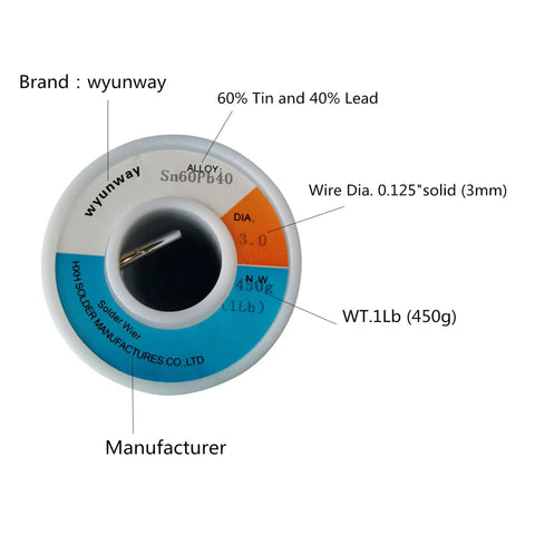 Top view of a 1 lb spool of 60/40 Tin Lead Solder Wire For Stained Glass Crafting, Flux Free, 1/8 Inch Diameter, labeled details.