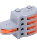 Close-up of 20 Pack Push In Wire Connectors 1 To 4 Out Electrical Terminal Block Copper Conductor Splitter in orange and gray.