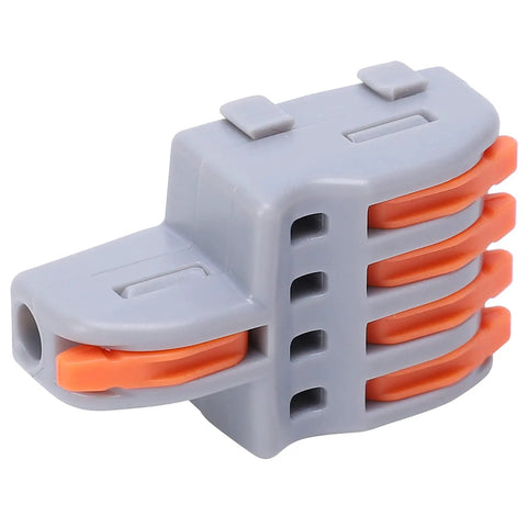 Close-up of 20 Pack Push In Wire Connectors 1 To 4 Out Electrical Terminal Block Copper Conductor Splitter in orange and gray.