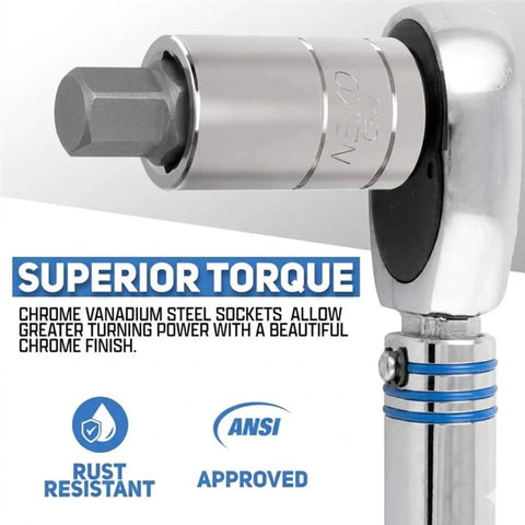 Close-up of a chrome vanadium steel socket on a ratchet handle, highlighting superior torque and rust resistance features.