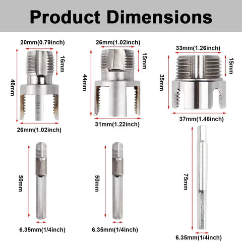 Dimensions of PVC Pipe Threader Kit For One Half Inch, Three Quarter Inch And One Inch NPT displayed with component sizes