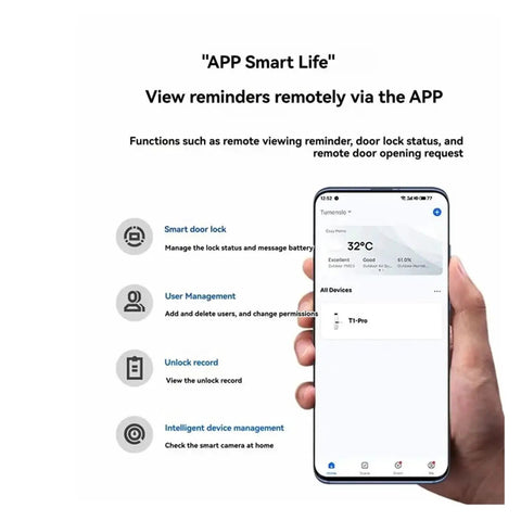 Auto Locking Smart Deadbolt With Touchless Fingerprint Entry And Magnetic Door Sensor Including Lightning Fast Unlocking Bluetooth App Control With Time Limited Guest Keys And Real Time Activity Logs For Total Peace Of Mind displayed on a smartphone screen.