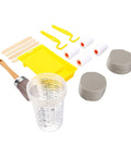 Complete Paint Brush And Roller Set For Furniture And Cabinet Painting Featuring Mini Foam Rollers Mixing Cups And Liners including brush, rollers, paint tray, and mixing cups.