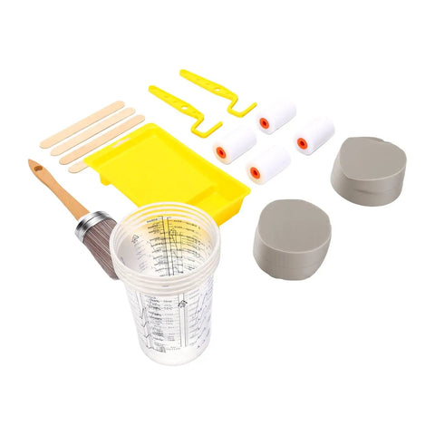 Complete Paint Brush And Roller Set For Furniture And Cabinet Painting Featuring Mini Foam Rollers Mixing Cups And Liners including brush, rollers, paint tray, and mixing cups.