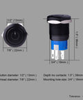 Latching Pushbutton Switch U19C1 1NO1NC SPDT On Off Metal Shell With Blue LED, detailed dimensions, for 19mm mounting hole.
