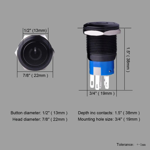 Latching Pushbutton Switch U19C1 1NO1NC SPDT On Off Metal Shell With Blue LED, detailed dimensions, for 19mm mounting hole.