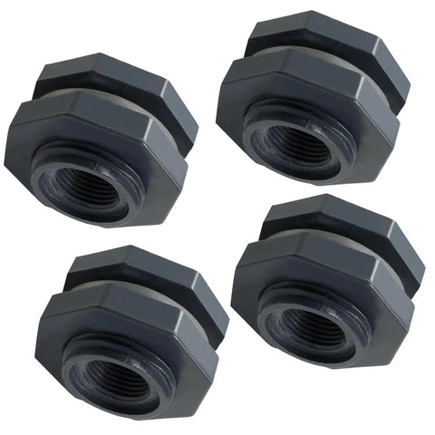Four Pack One Half Inch PVC Bulkhead Fittings For Rain Barrels Ponds And Pools Durable Plastic Water Tank Connectors Focused Image