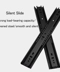 One Pair Three Stage Drawer Slides Cold Rolled Steel with cross section showing strong load-bearing capacity and smooth motion.