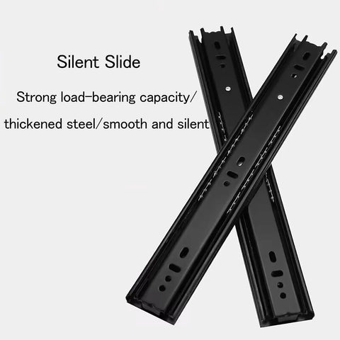 One Pair Three Stage Drawer Slides Cold Rolled Steel with cross section showing strong load-bearing capacity and smooth motion.