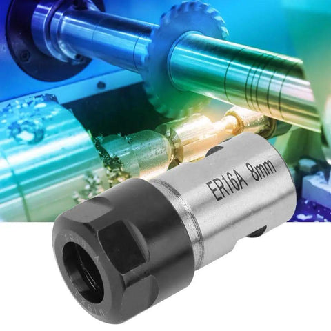 Close-up of Collet Chuck For Deep Hole Processing With Motor Shaft Spindle Adapter 8mm (0.31 in) in use on a lathe machine