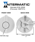 Timer Knob for FD Series Spring Wound In Wall Timers White Fits 3 By 16 Inch D Shape Shaft 1 Inch Outer Diameter Replacement for Your Fans Lights Motors Heaters Model 146MT574, front and back view with Intermatic logo.