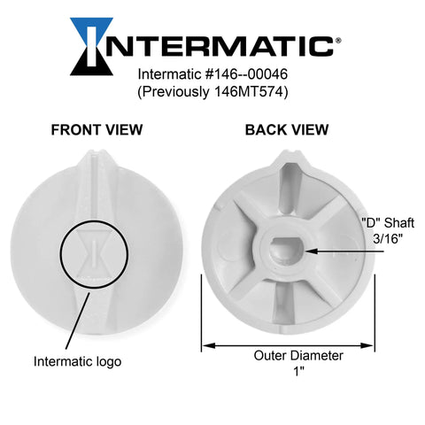 Timer Knob for FD Series Spring Wound In Wall Timers White Fits 3 By 16 Inch D Shape Shaft 1 Inch Outer Diameter Replacement for Your Fans Lights Motors Heaters Model 146MT574, front and back view with Intermatic logo.