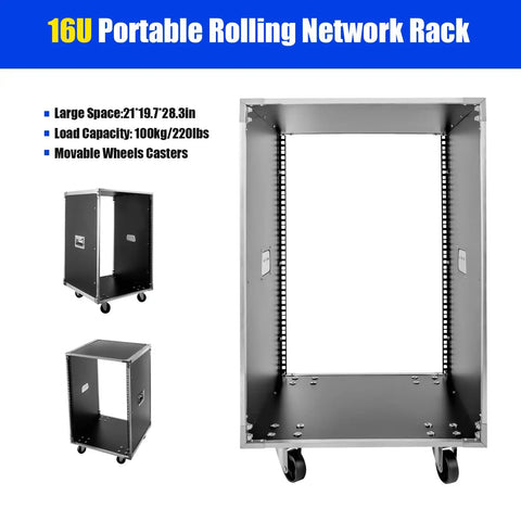 Rock Solid 16U Portable Rolling Network Rack Studio Server Cabinet With Built Handles Smooth Swivel Casters Fire Resistant PVC Surface Tough As Nails For It Av Gear Computer Setup