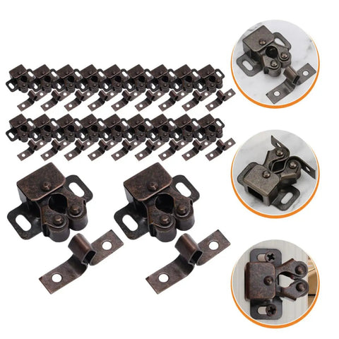 Coffee Color Double Roller Cabinet Door Latches And Catches Pack Of 20 in cold rolled steel with detailed view of latch mechanism