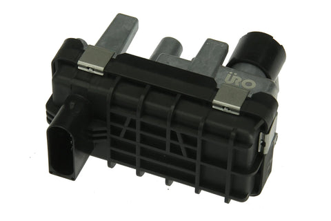 URO turbo electronic actuator, black plastic automotive component with metal clamps, side view