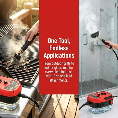 No Sweat Heavy Duty 2500W High Pressure Steam Cleaner For Car Engine Detailing And House Chores With Six Adjustable Heat Levels Portable Multi Surface Steam Workhorse For Kitchen Bathroom And Wheels In Red cleaning grill and shower.