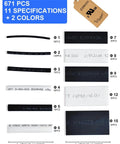 Heat Shrink Tubing Kit 2 To 1 Shrink Ratio For Electrical Wires Automotive Electronics, 671 Pcs In 11 Sizes And Two Colors Black And White