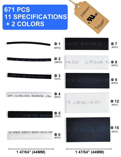 Heat Shrink Tubing Kit 2 To 1 Shrink Ratio For Electrical Wires Automotive Electronics, 671 Pcs In 11 Sizes And Two Colors Black And White