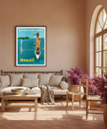 Outrigger Canoe Surfing Vintage Airline Travel Poster By Stan Galli, 1960s Master Art Print displayed in a cozy living room