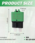 Hardcore 30A Manual Reset Fuse Mini Circuit Breaker DC 12V-32V showing product size dimensions 1.42 x 0.78 x 0.24 inches.