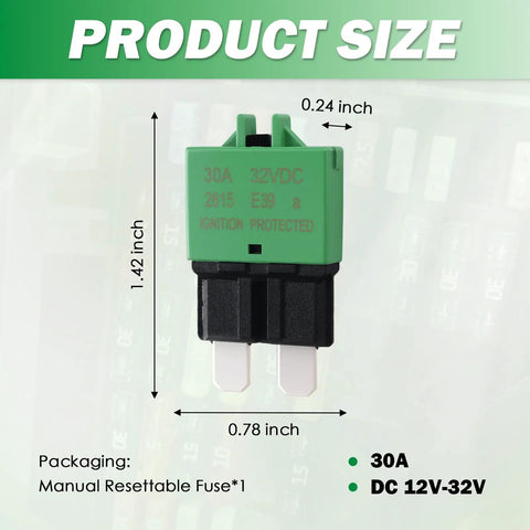 Hardcore 30A Manual Reset Fuse Mini Circuit Breaker DC 12V-32V showing product size dimensions 1.42 x 0.78 x 0.24 inches.