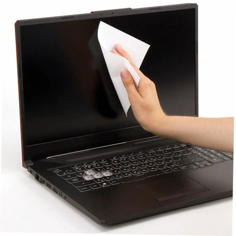 Hand using Heavy Duty 600 Count Dustless Lab Wipes For Camera Lenses And Precision Gear Oil Absorbent Cleanroom Cleaning Pads on laptop screen.