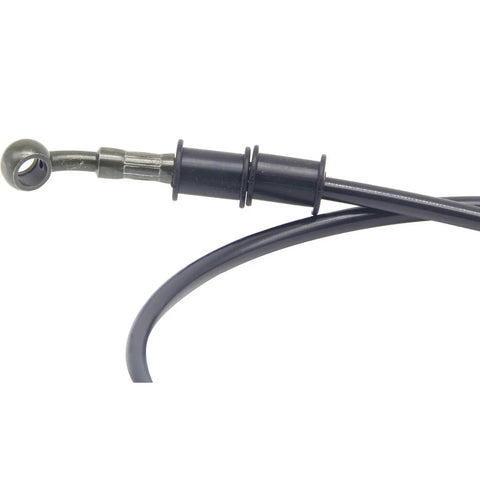 Close-up of black braided stainless steel brake hose for motorcycles and dirt bikes, flexible 120cm clutch line, durable hydraulic line.