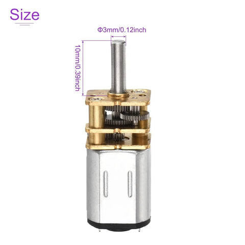 Front view of Two Pack 6V 300RPM Micro DC Gear Motor With 1 To 100 Reduction Ratio, 10mm Shaft, 3mm Diameter, metal gearbox.