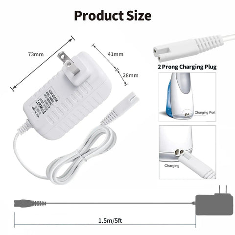 Charger For Water Flosser Replacement Power Cord 3V DC 200mA 5FT 2 Prong Adapter Power Supply with dimensions and charge plug