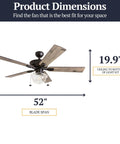 Illustration of Abner Modern Farmhouse 52 Inch Ceiling Fan With Light For Indoor Outdoor Use Tri Mount LED Ceiling Fan dimensions.