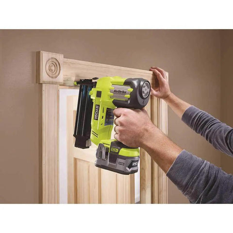 Airstrike 18V Cordless Brad Nailer P320 used for door trim installation, showcasing tool-only design and ergonomic handling.