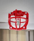 Bulldog Tough Fire Sprinkler Head Cage Guard and Protector for 1/2 Inch Iron Pipe in Bright Red Finish mounted on ceiling.