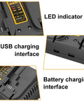 DCB102BP Replacement Charger For DeWalt 20V Max Dual Battery Charging Station With USB Ports, LED indicators and interfaces
