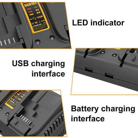 DCB102BP Replacement Charger For DeWalt 20V Max Dual Battery Charging Station With USB Ports, LED indicators and interfaces