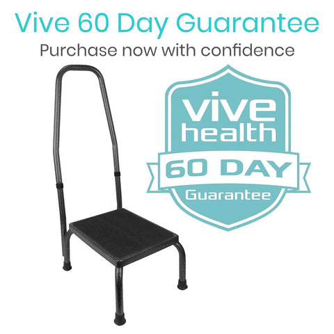 Step Up Stool With Handy Grip For Seniors And Adults Heavy Duty Bariatric Metal Bedside Bath Stool Up To 300 Pounds Non Slip Platform With Wide Angled Legs For Stable Easy Access shown with Vive 60 Day Guarantee badge