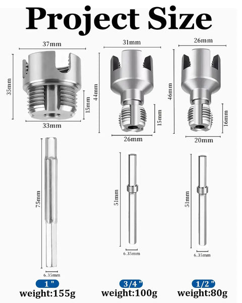 4 In 1 Water Pipe Threader Kit For One Half Inch, Three Quarter Inch, And One Inch Pipes, Carbon Steel Construction, Three Piece Set, sizes shown